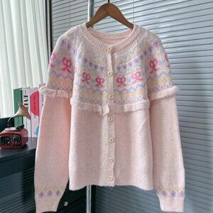 Vintage Cardigan Knited Sweater  Sz: Med  So So So Cute Bow/Floral Print Button